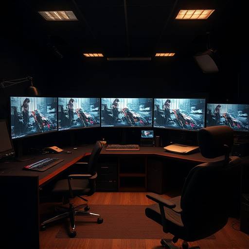 Sala de edición con mültiples monitores y equipo de edición profesional